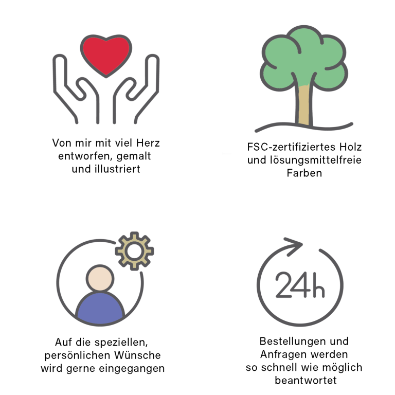 Hände mit Herz Symbol für Handarbeit, Baumsymbol für FSC-zertifiziertes Holz, 24-Stunden-Service-Symbol.