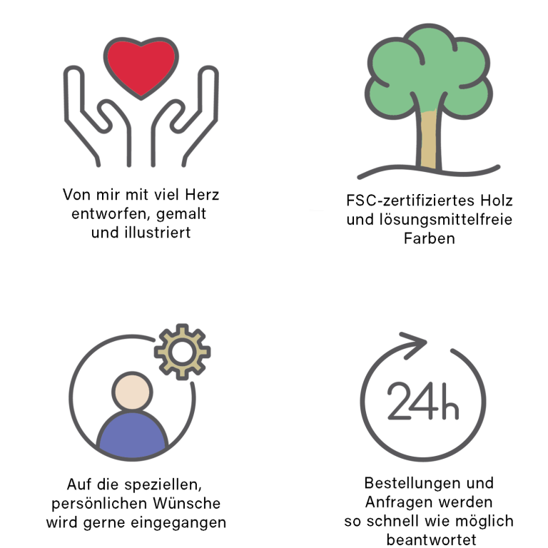 Hände mit Herz Symbol für Handarbeit, Baumsymbol für FSC-zertifiziertes Holz, 24-Stunden-Service-Symbol.
